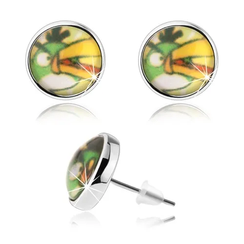 Puzetové náušnice, motív Angry Birds, zelený vtáčik s oranžovým zobákom