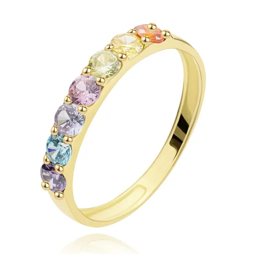Prsteň v žltom zlate 375 - línia farebných zirkónov, hranaté ramená - Veľkosť: 49 mm