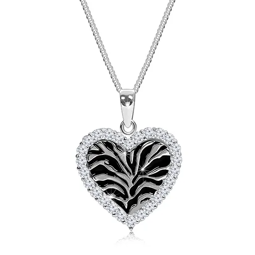 Strieborný náhrdelník 925, srdiečko s čiernym motívom zebry a čírymi zirkónikmi