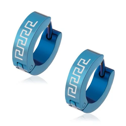 Kĺbové náušnice z ocele 316L, modrý odtieň, biely motív gréckeho kľúča