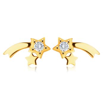 Zlaté 14K diamantové náušnice - lesklá kométa, číry okrúhly briliant