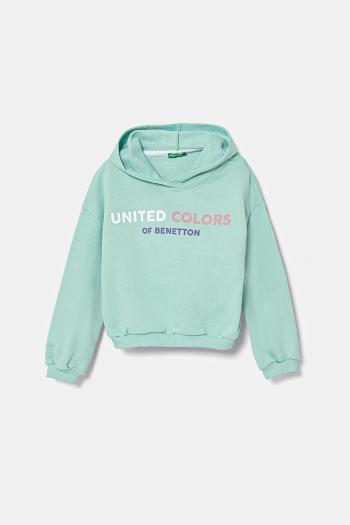 Detská bavlnená mikina United Colors of Benetton tyrkysová farba, s kapucňou, s potlačou, 3J68C204D