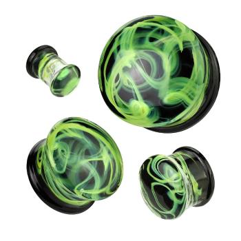Plug do ucha z pyrex skla - žltozelený dymový efekt, čierne a číre zakončenia - Hrúbka piercingu: 12 mm