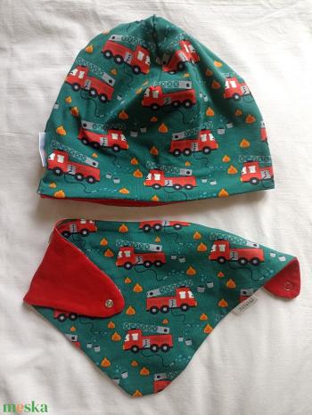 134-140 -146-152-158 Tavaszi kifordítható pamutsapka-sál szett 52 cm tűzoltós ökotexes anyag