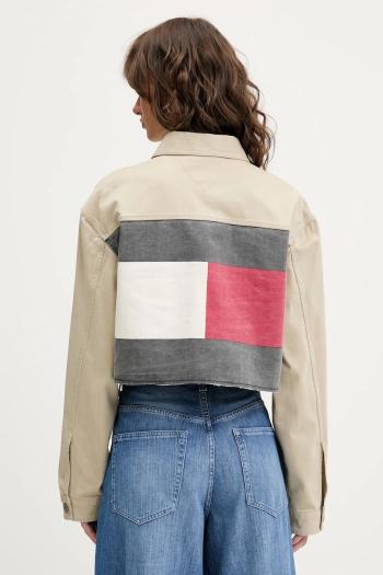 Rifľová bunda Tommy Jeans béžová farba, prechodná, oversize, DW0DW21431