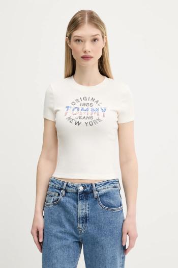Tričko Tommy Jeans dámske, béžová farba, DW0DW21421