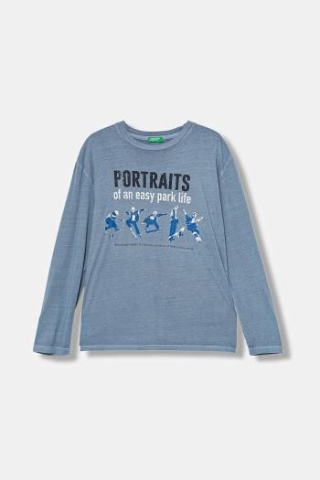 Detská bavlnená košeľa s dlhým rukávom United Colors of Benetton modrá farba, s potlačou, 3PCMC10QL