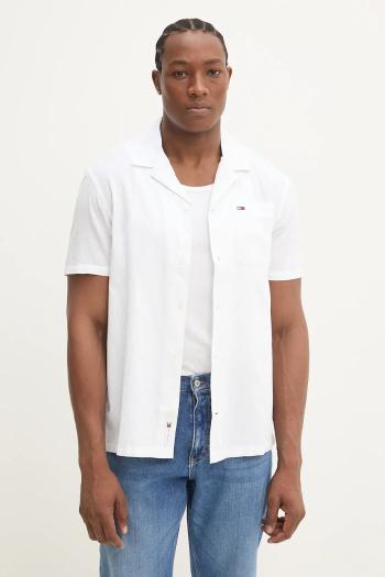Košeľa s prímesou ľanu Tommy Jeans pánska, biela farba, regular, s golierom button-down, DM0DM20895