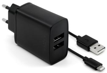 Töltő adapter FIXED Smart Rapid Charge 2 x USB + 1m USB to Lightning kábel - 15W, fekete