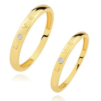 Diamantové obrúčky zo žltého 14K zlata - nápis LOVE, okrúhly číry briliant - Veľkosť: 51 mm