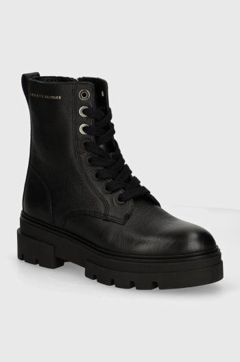 Kožené členkové topánky Tommy Hilfiger BICOLOR LEATHER LACE-UP dámske, čierna farba, na plochom podpätku, FW0FW08160