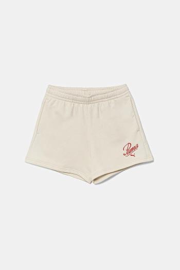 Detské krátke nohavice Puma ESS SCRIPT Shorts G béžová farba, s nášivkou, 685869