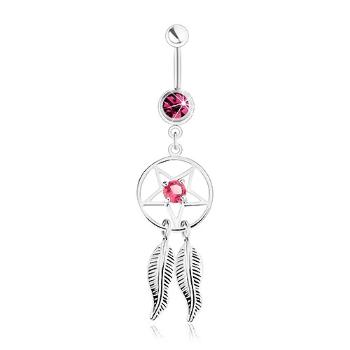 Piercing do pupku z ocele 316L, lapač snov, pentagram, fuksiový a ružový zirkón