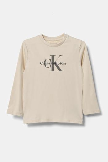 Detské tričko s dlhým rukávom Calvin Klein Jeans béžová farba, IN0IN00005