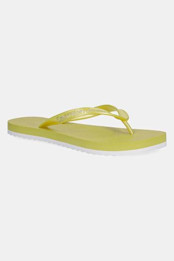 Šľapky Calvin Klein Jeans THONG+ TPU METALLIC zelená farba, na plochom podpätku, YW0YW01720