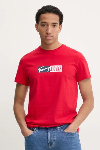 Bavlnené tričko Tommy Jeans pánske, červená farba, s potlačou, DM0DM20365