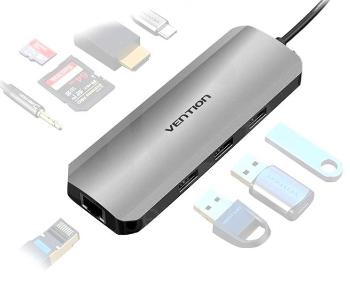 Port replikátor Vention Type-C (USB-C) to HDMI / 3x USB3.0 / RJ45 / SD / TF / 3.5mm / PD 0.15M Gray Aluminum Alloy T