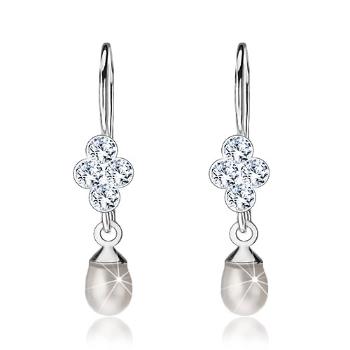 Strieborné náušnice 925, štyri číre Swarovski krištále - lístok, biela oválna perla
