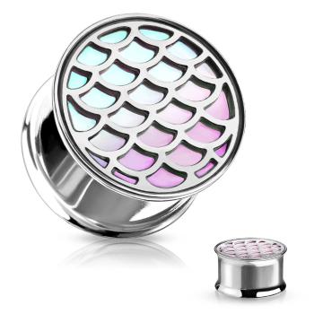 Plug do ucha z 316L ocele - rybie šupiny s dúhovým efektom, lesklý povrch - Hrúbka: 10 mm
