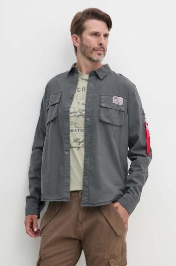 Bavlnená košeľa Alpha Industries pánska, šedá farba, regular, s klasickým golierom, 138420