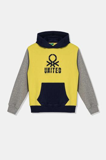 Detská bavlnená mikina United Colors of Benetton žltá farba, s kapucňou, s potlačou, 3UNIC204R