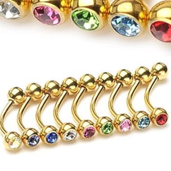 Piercing do obočia - zlatá farba so zirkónikmi - Rozmer: 1,2 mm x 10 mm x 4 mm, Farba zirkónu: Modrá - B