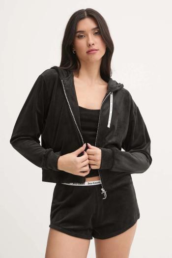 Pyžamová mikina Juicy Couture LIV RIB VELOUR HOODIE dámska, čierna farba, JCLBJ125503