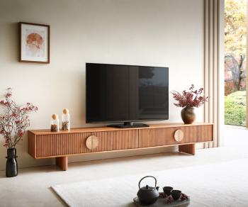 TV stolík Surimu 240 cm akáciová svetlohnedá farba 4 dvierka korkové