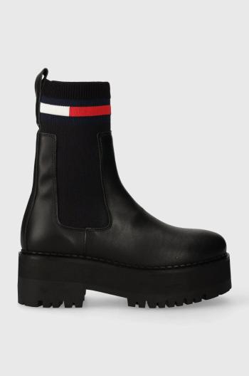 Kožené topánky chelsea Tommy Jeans TJW FLATFORM CHELSEA SOCK dámske, čierna farba, na plochom podpätku, EN0EN02301