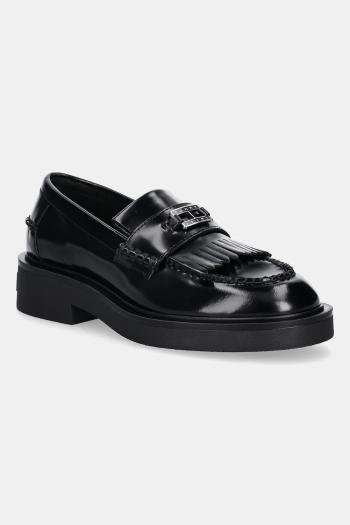 Kožené mokasíny Tommy Jeans TJW FRINGES LOAFER čierna farba, na plochom podpätku, EN0EN02790