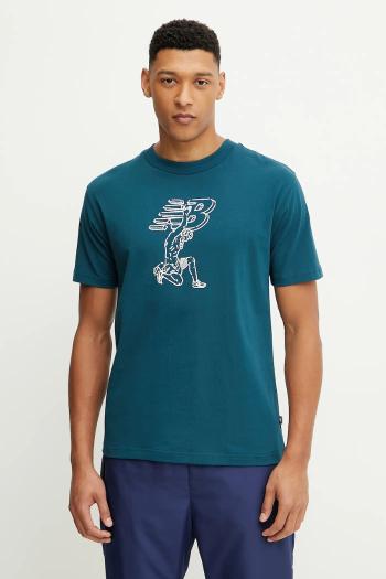 Bavlnené tričko New Balance pánske, tyrkysová farba, s potlačou, MT51978DOE