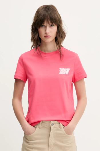 Bavlnené tričko Tommy Jeans dámske, ružová farba, DW0DW21338
