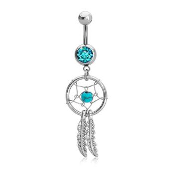 Oceľový piercing do brucha, lapač snov - pentagram, pierka, modrý zirkón, prírodný tyrkys