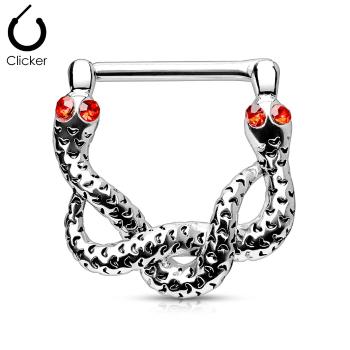 Piercing do bradavky z chirurgickej ocele, hady, červené krištále, ródiovaný