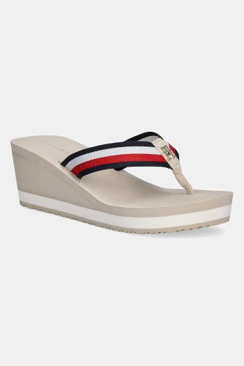 Šľapky Tommy Hilfiger TH CORPORATE WEDGE BEACH SANDAL dámske, béžová farba, na kline, FW0FW08520