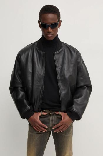 Kožená bunda bomber Diesel L-KHAN pánska, čierna farba, prechodná, oversize, A14435.0HJAC