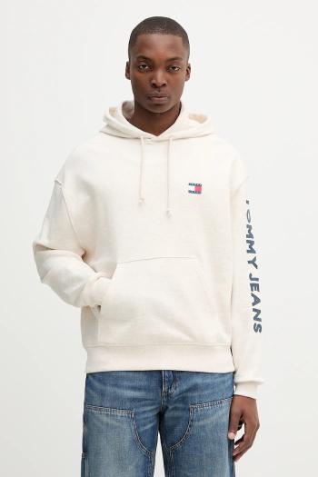 Bavlnená mikina Tommy Jeans béžová farba, s kapucňou, s potlačou, DM0DM21834