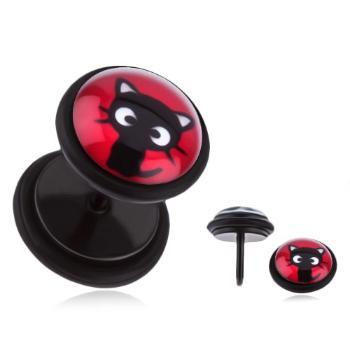 Oceľový fake plug do ucha - sediace čierne mačiatko, červený podklad