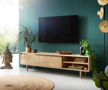 TV stolík Budaya mango prírodný 175 cm 2 dvierka 2 priehradky okrúhla