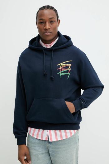 Bavlnená mikina Tommy Jeans pánska, tmavomodrá farba, s kapucňou, s potlačou, DM0DM21372