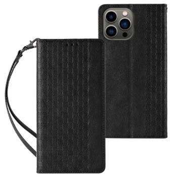 MG Magnet Strap knižkové kožené puzdro na iPhone 13 Pro Max, čierne