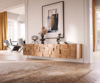 TV stolík Puzzle 220 cm prírodná akácia 4 dvierka na zavesenie