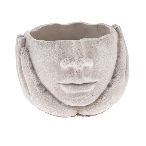 Betónový obal na kvetináč Hlava v dlaniach sivá, 15 x 11 cm
