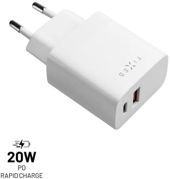 Töltő adapter FIXED adapter USB-C és USB kimenettel, PD és QC 3.0 támogatás, 20 W, fehér