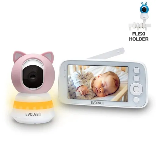 EVOLVEO Baby Monitor N5, Set videoopatrovateľky s 360 ° dohľadom, obojsmernou komunikáciou a uspávankami, ružová