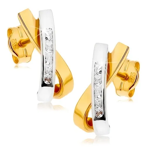 Zlaté náušnice 9K s prekríženými líniami a čírymi zirkónmi