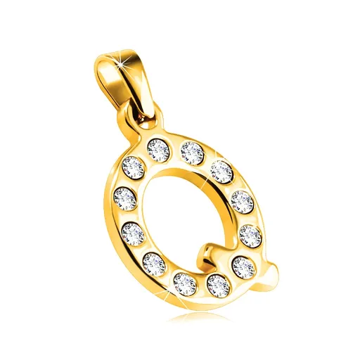 Lesklý oceľový prívesok zlatej farby, písmeno Q vykladané čírymi zirkónmi