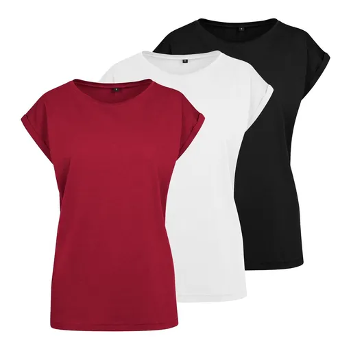 Build Your Brand Set 3 ks: Dámske tričko s ohrnutými rukávmi - Čierna / biela / vínová | XS