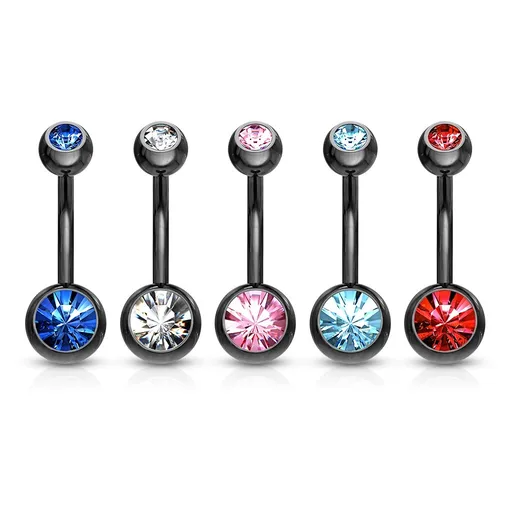 Piercing do bruška z ocele 316L - banán čiernej farby, farebné zirkóny, dĺžka 10 mm - Farba zirkónu: Aqua modrá - Q