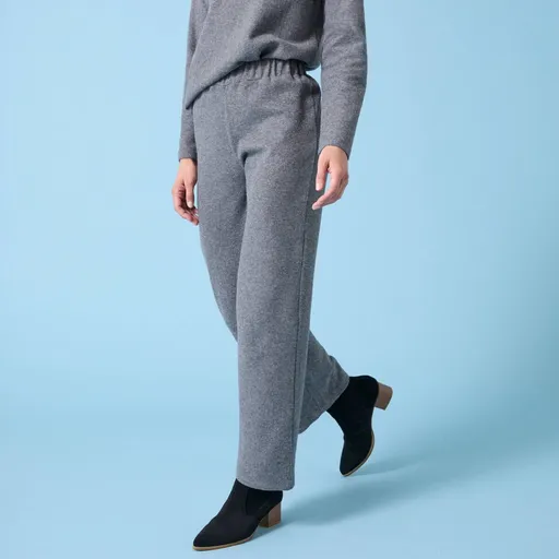 Široké úpletové jednofarebné nohavice s česaným rubom, pre nižšiu postavu